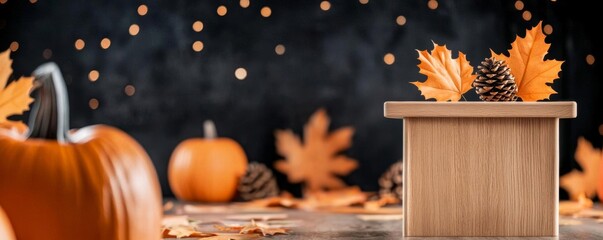 A teacher giving a Thanksgiving speech at a wooden podium, with students holding festive banners and fall decor