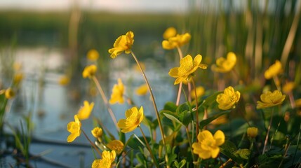 Obraz premium Yellow Flowers by the Water