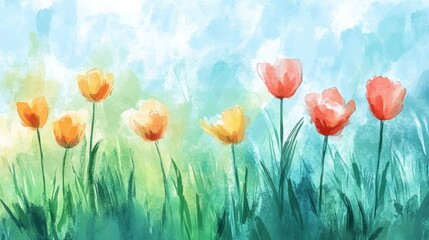 Fototapeta premium Bright painting of flowers growing in green grassy field created with aquarelle paints as abstract background