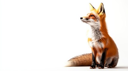Obraz premium Captivating image of a red fox sitting gracefully against a white background, displaying its beautiful fur and keen expression.