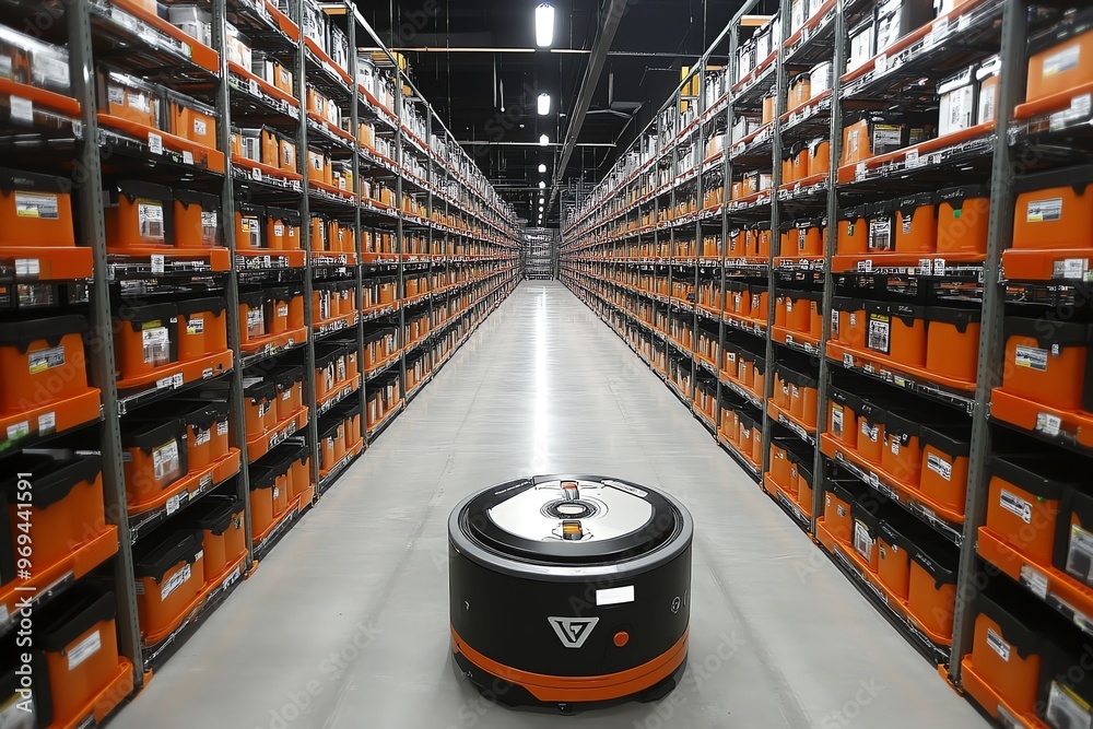 Leinwandbilder a black and orange robotic cart moves through a warehouse with rows of orange containers stacked on 