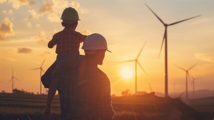 Father and Son Witnessing Wind Turbines at Sunset