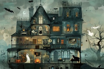 Spooky haunted house with ghosts and bats for halloween celebrations. AI