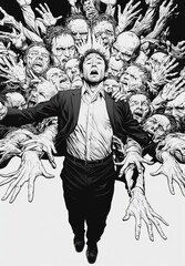 A businessman is falling into hell. Burnout concept. Black and white pencil drawing style illustration