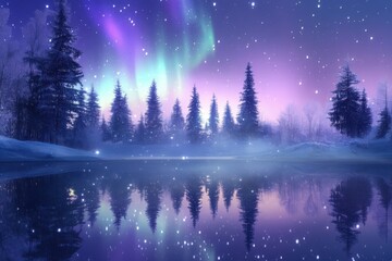 Magical winter solstice landscape featuring sparkling purple and frosty blue auroras dancing over the lake. Vibrant holiday greeting card background for christmas and new year celebrations