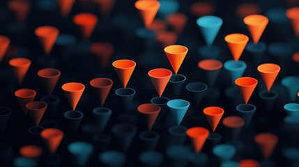 Fototapeta premium Colorful abstract scene featuring vibrant cone shapes in a dark background, creating a visually striking pattern.