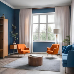 Orange armchairs, a blue sofa and a wooden wardrobe and white curtains on the window. Minimalistic interior design of a modern living room 