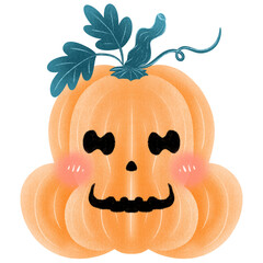spooky face with leaves. Collection orange pumpkins with scary spooky smile Halloween.