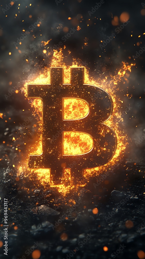 Poster a burning bitcoin symbol set against a dark background with flames and sparks.
