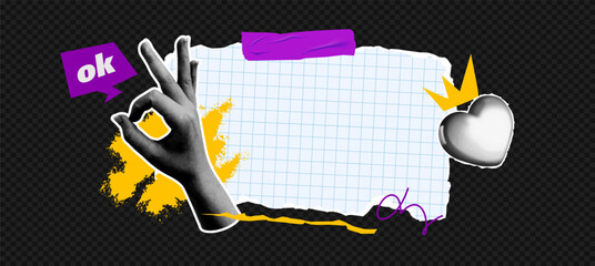 The template is secured with decorative tape. Set of torn notebook papers with collage elements, halftone hands, stickers, and Scotch tape. Bright-colored doodle elements and a cut-up heart.