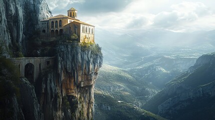 A hidden monastery perched on a cliffside with panoramic views of the surrounding landscape