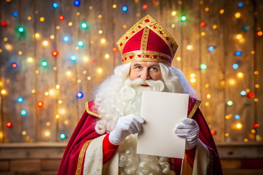 Sinterklaas holding blank banner mockup . Copy space. Sparkles Christmas background. Greeting card mockup.