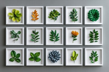 Wall of frames featuring botanical prints in white frames, arranged symmetrically for a fresh, clean look