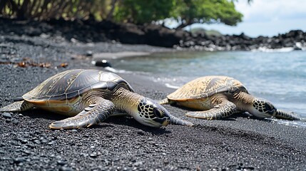 Two Sea Turtles Resting on a Black Sand Beach