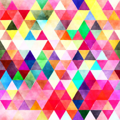 A colorful abstract pattern featuring a variety of triangles in multiple hues, resembling a watercolor design.