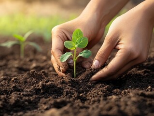 Cultivating Hope: Hands Planting Seedling with Care in Rich Soil for a Greener Future