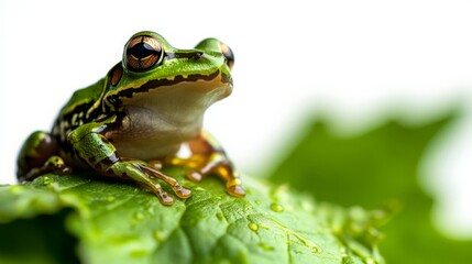 Obraz premium Close-up of a green frog sitting on a leaf with water droplets. Vibrant colors and shallow depth of field. Nature and wildlife concept.
