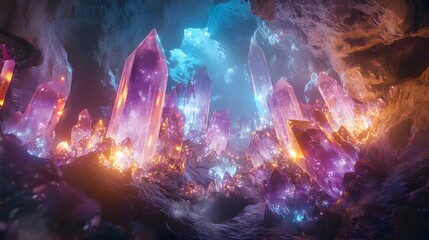 Obraz premium Glowing Crystalline Cavern Erupts in Vivid Prismatic Tones
