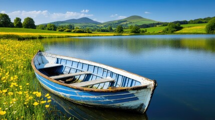 Obraz premium An old, weathered blue rowboat sits on lush grass adorned with yellow wildflowers, peacefully anchored by calm waters near a serene Scottish island with distant mountains