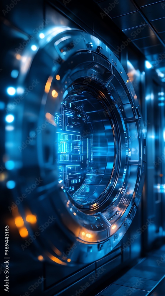 Poster a close up of a futuristic round hatchway, with bright blue lights and an internal view of circuitry