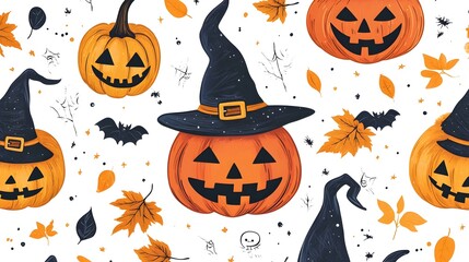 Festive Halloween Pumpkins and Autumn Leaves Pattern