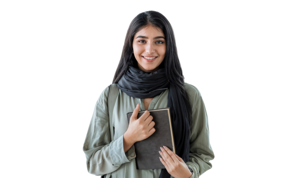 Portrait of a smiling young Middle Eastern female college student holding a book, isolated on transparent background