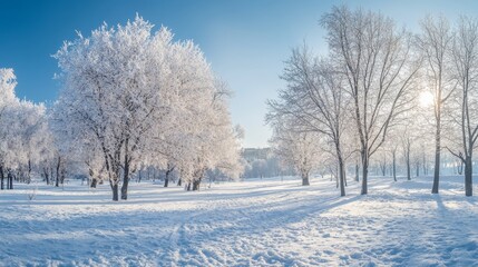 Obraz premium Frosty snowy trees on snowy meadows in a park. Early cold morning in January in an urban area. Beautiful day.