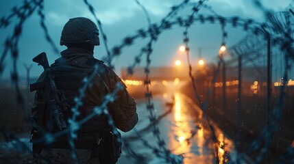 As the rain falls, a soldier remains alert at a barbed wire fence, their silhouette framed by the faint glow of distant lights in the twilight