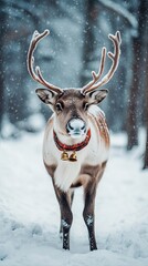 Fototapeta premium Festive reindeer with bells, prancing through a snowy forest