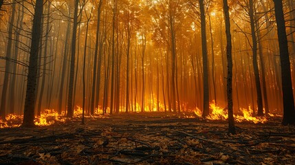 Obraz premium Bright orange flames dance among the trees, creating a surreal and haunting atmosphere as smoke billows through the forest, marking devastation