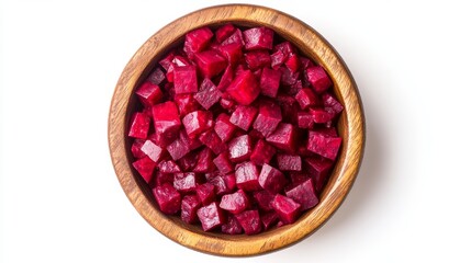 Beetroot diced in wooden bowl isolated on white background with full depth of field. Top view. Flat lay
