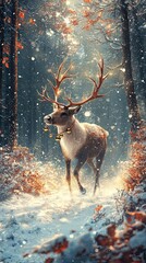 Festive reindeer with bells, prancing through a snowy forest