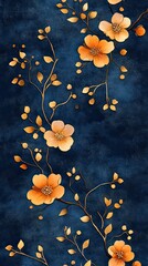 Floral arabesque pattern with gold accents on a deep blue background