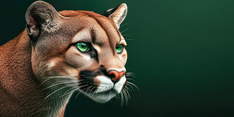 Side profile of a puma with striking green eyes, focused against a dark green background with copy space.