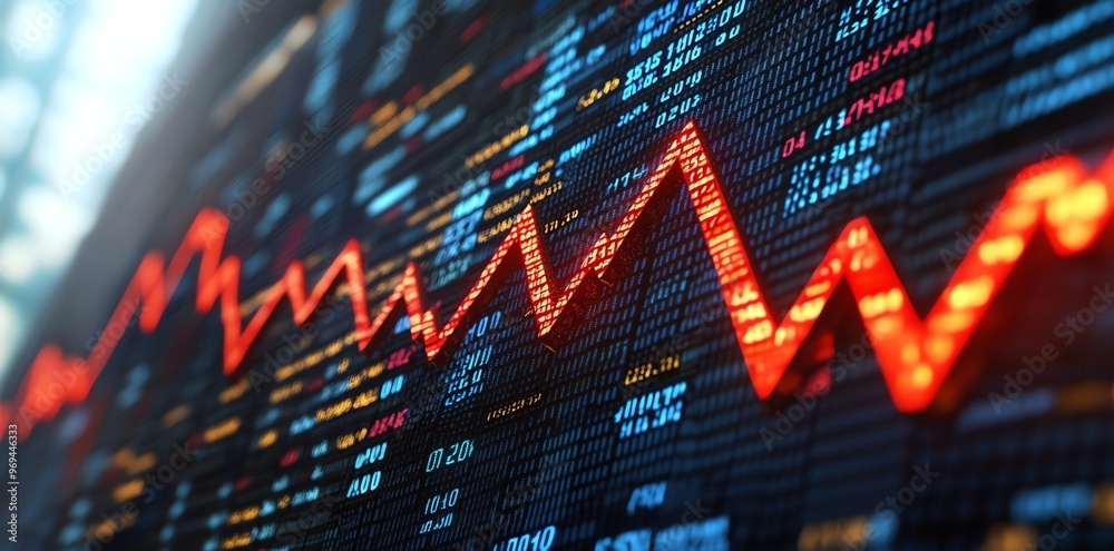 Aufkleber a close up of a red arrow chart on a digital screen with financial data.
