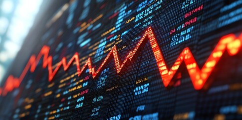 A close up of a red arrow chart on a digital screen with financial data.