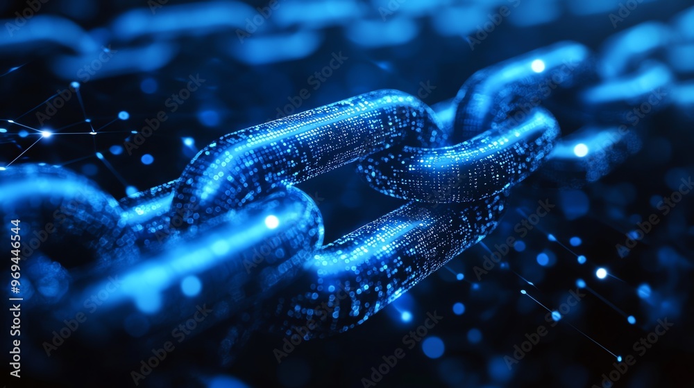 Poster a close-up of a blue digital chain link made of glowing particles.