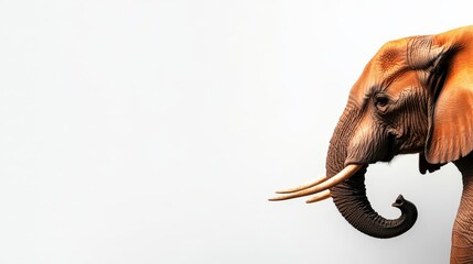 Close-up of an elephant's head with tusks against a plain white background, showcasing its texture and details. Perfect for nature and wildlife enthusiasts.