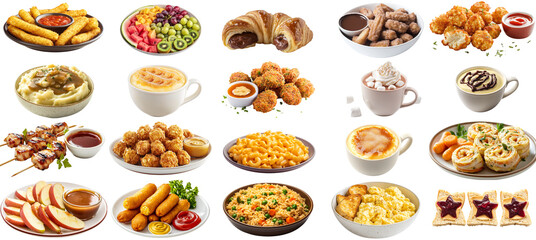 A collection of food items including a variety of sandwiches, pastries, and desserts. Concept of abundance and indulgence, with a focus on sweet treats and savory dishes