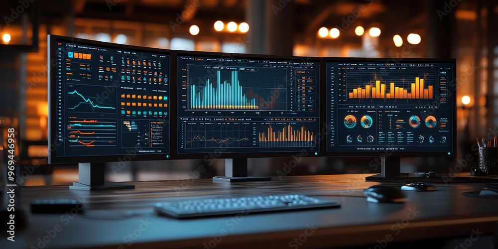 Poster A close-up of a desk with three monitors displaying various data charts and graphs with a keyboard and mouse on the desk.