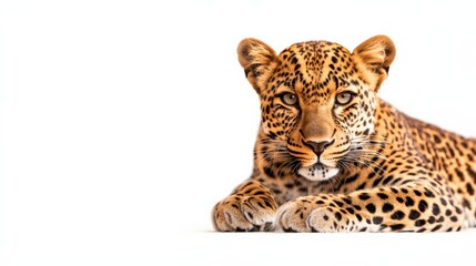 Fototapeta premium Close-up portrait of a majestic leopard lying down on a white background, showcasing its beautiful spotted fur and intense gaze.