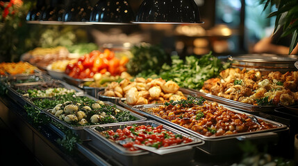 A vibrant buffet display featuring a variety of colorful dishes and fresh ingredients.
