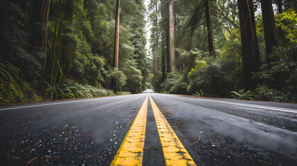 Empty Forest Road with Lush Greenery for Commercial Background