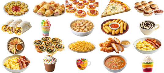A collection of food items including pizza, macaroni and cheese, and donuts. Concept of indulgence and abundance