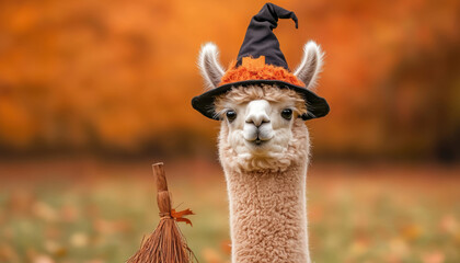 Alpaca wearing a witch s hat and carrying a broom in a Halloween field, witch alpaca, festive farm animal