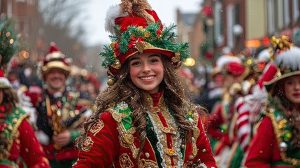 Holiday parade with floats, marching bands, and people in festive costumes