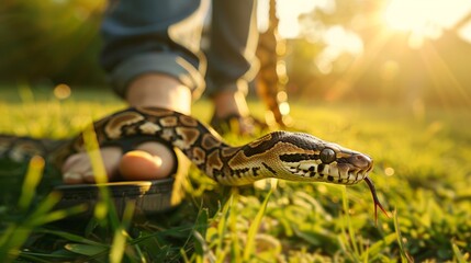 Naklejka premium As the sun sets, a lively snake slithers across lush grass, pausing to investigate the surroundings near a relaxed person's foot