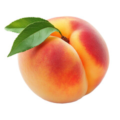 Ripe red peach with green leaves isolated on a transparent background. cut out in PNG format for graphic design, peach isolated on a white background.