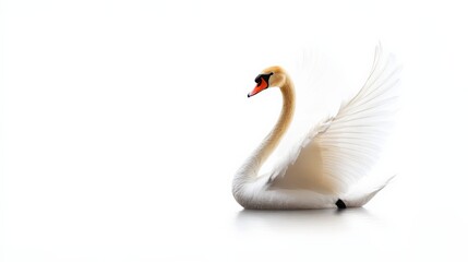 Fototapeta premium Elegant white swan gracefully floating on calm water with wings spread against a bright white background. Perfect image for nature and wildlife themes.