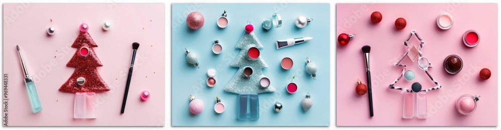 Wall mural 3 different christmas trees made of cosmetics and tools for makeup, on a pink blue background, in 5 